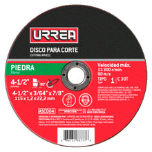 Disco abrasivo tipo 1 para piedra 4-1/2" x 3/64" Urrea