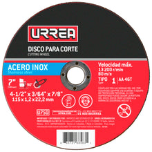 Disco abrasivo tipo 1 para acero inoxidable 4-1/2" x 3/64" Urrea
